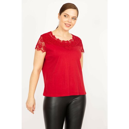 Şans Women's Red Plus Size Cotton Fabric Lace Detail Blouse Slike