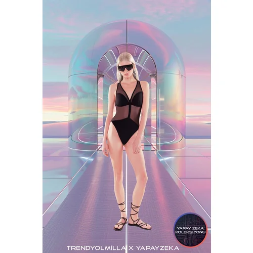 Trendyol X Artificial Wit Black Plain Deep V Strap Swimsuit