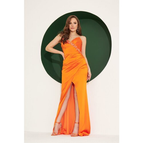 Carmen Orange Satin Strapless Embroidered Long Evening Dress Cene