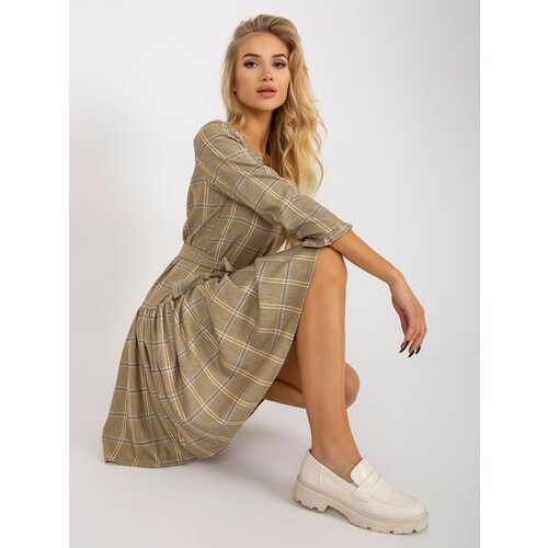 Fashion Hunters light yellow elegant dress with plaid ruffle Cene