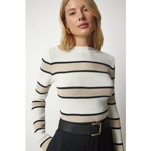  Women's Ecru Block Colored Corded Knitwear Sweater Cijene