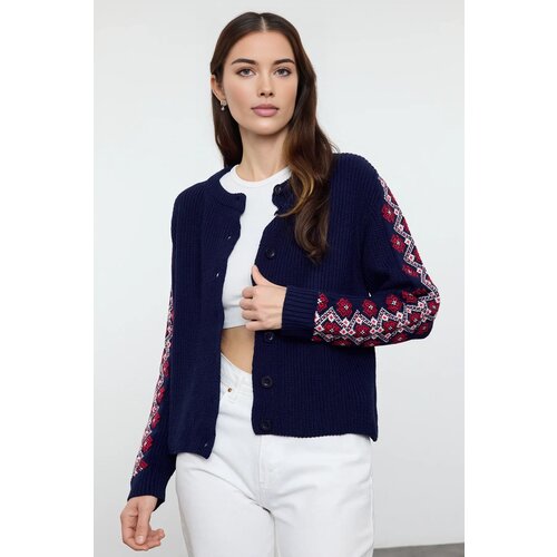 Trendyol Navy Blue Embroidery Patterned Knitwear Cardigan Slike