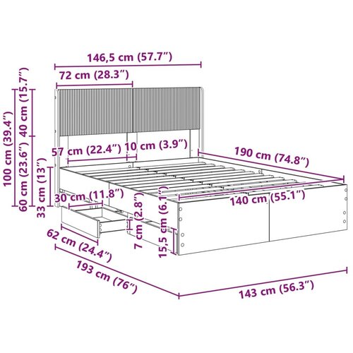  Okvir za krevet s pohranom i uzglavljem Crna 140 x 190 cm - Crna 140 x 190 cm Cene