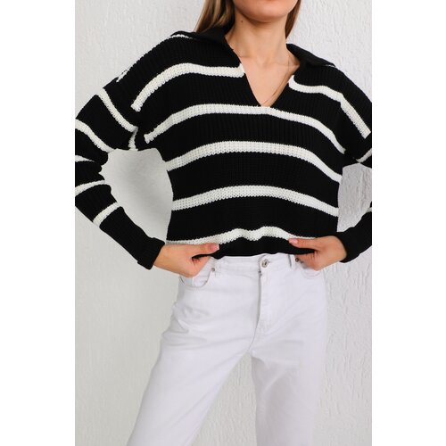 BİKELİFE Women's Black Polo Neck Striped Thick Knitwear Sweater Slike