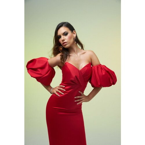 Carmen Women's Red Satin Balloon Sleeve Short Evening Dress Slike