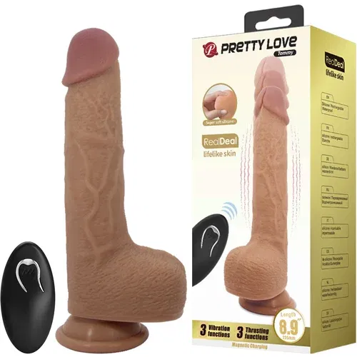 Pretty Love Tommy Thrusting & Vibrating RealDeal Dildo with Remote 22.5cm Brown