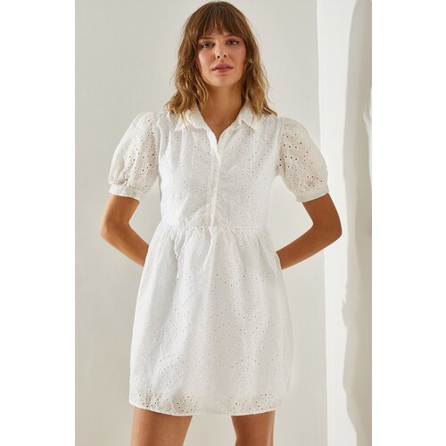 Bianco Lucci Women's Patterned Shirt Collar Scalloped Dress Cene