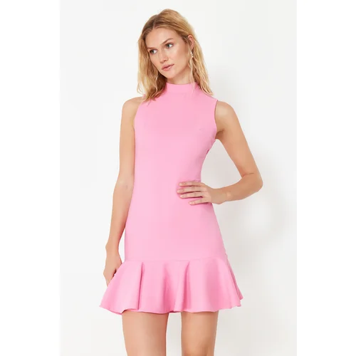 Trendyol Pink Fitted Skirt Flounce Stand Collar Mini Sleeveless Woven Dress