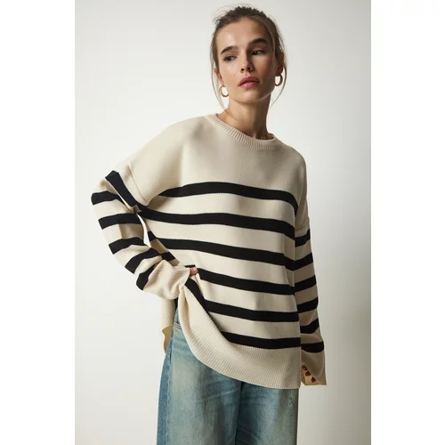 Happiness İstanbul Women's Bone Black Striped Oversize Knitwear Sweater