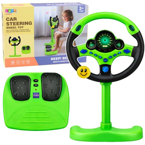  Interactive Steering Wheel on Stand with Pedals Lights Sounds Green Slike