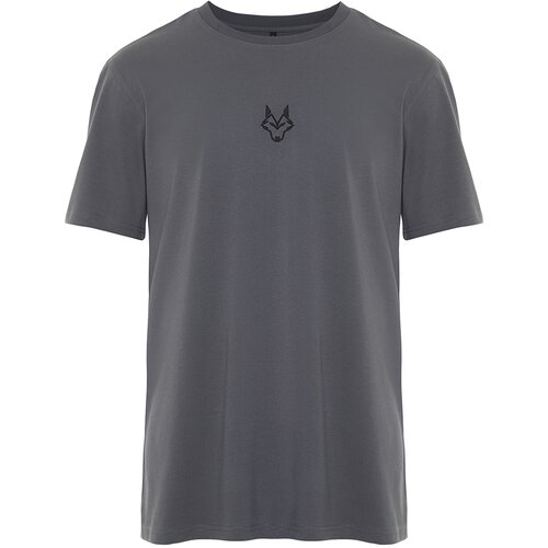 Trendyol Anthracite Men's Regular Cut Wolf Embroidered 100% Cotton T-Shirt Slike