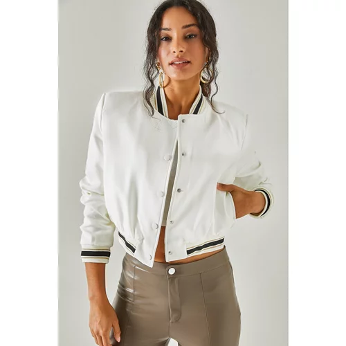 Olalook Women's White Bomber Jacket with Snap fasteners, Pocket Lined, Padded