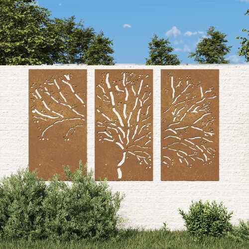 VidaXL Vrtni zidni ukrasi 3 kom 105x55 cm čelik COR-TEN uzorak stabla Slike
