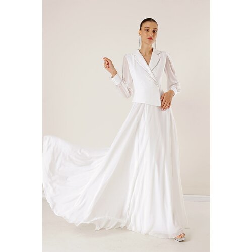 By Saygı Double Breasted Neck Stone Detailed Lined Chiffon Long Dress with Sleeves and Skirt Cene