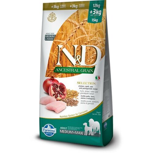N&d suva hrana za pse ancestral grain medium/maxi piletina, spelta, ovas i nar 12kg+3kg gratis Slike