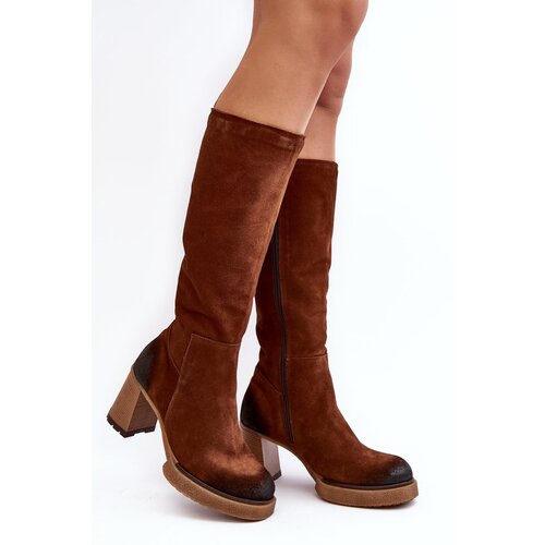 LEMAR Women&amp;#039;s Suede Knee-High Boots with Heel Dark Brown Ceraxa Slike