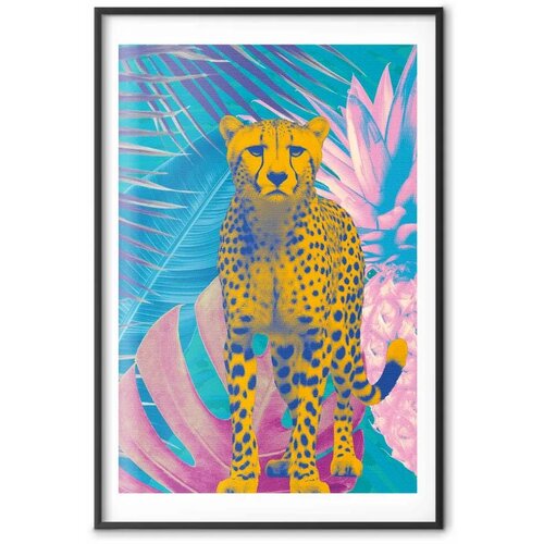  Plakat - Exotic Leopard - colorful portrait of a cheetah against tropical leaves 29.7x42 Crni okvir s margom Slike