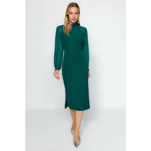 Trendyol Emerald Green Stand-Up Collar Sleeve Detailed Midi Woven Dress