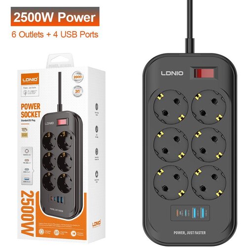 Ldnio Produzni kabl SE6403C 6 uticnica 2X USB/2X PD 2m crni Slike