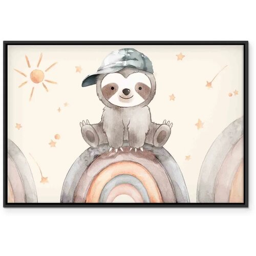  Slika - Happy Sloth - Sloth in Subdued Colors Wearing a Cap Sitting on a Rainbow Among Little Stars 60x40 U crnom drvenom okviru Slike
