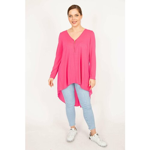 Şans Women's Pink Plus Size Front Pat Zipper And Back Detailed Tunic Cene