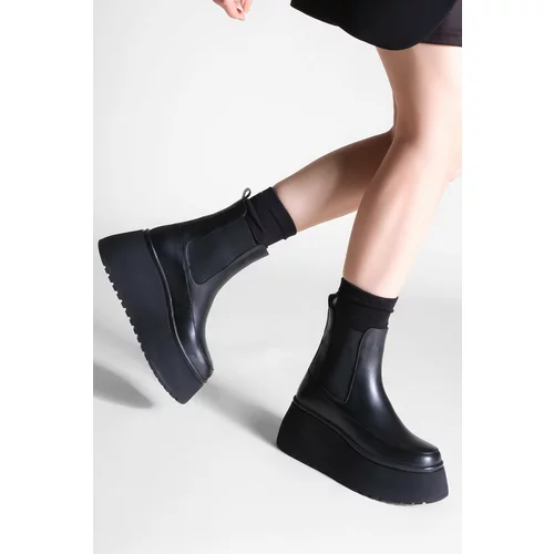 Marjin Women's Genuine Leather Wedge Heels Boots Tolen Black
