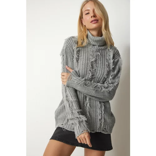 Happiness İstanbul Women's Gray Knitwear Sweater with Tassels And Torn Detail