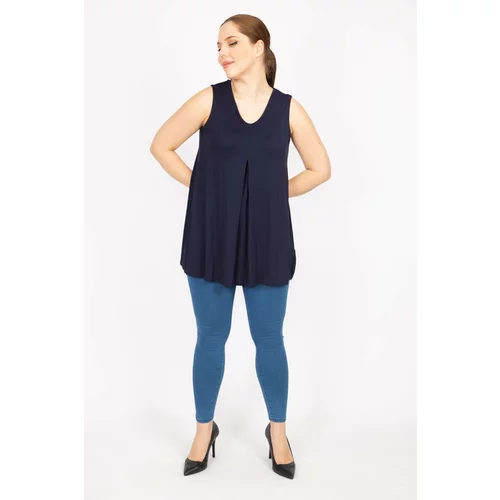 Şans Women's Navy Blue Plus Size Front A Pleated Blouse