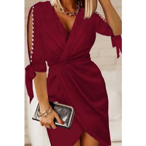 Fenzy elegantna mini obleka z detajlom perlic in izrezom na preklop candys, bordo Slike