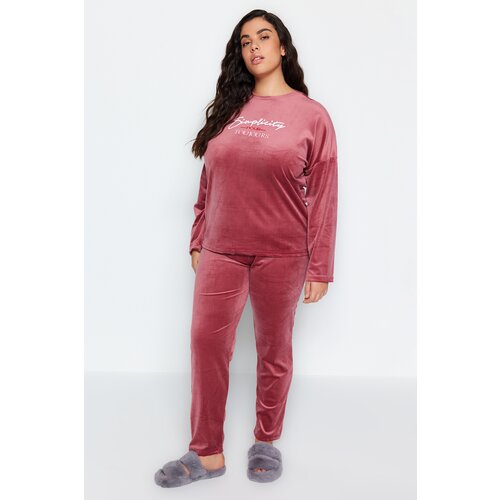 Trendyol Curve Pale Pink Velvet Crew Neck Knitted Pajamas Set Slike