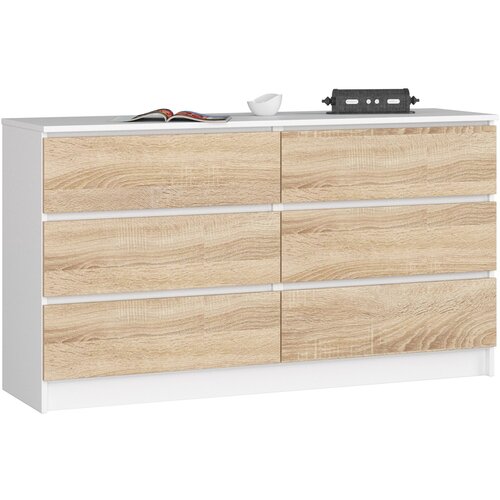 AKORD KOMODA K 140 cm 6 PREDALOV BELE / SONOMA, (21703126) Slike
