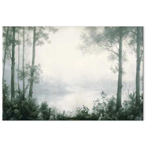  Slika - Retro Landscape Grove Trees and Pond in Patinated Shades of Green 90x60 Na talijanskom platnu Slike
