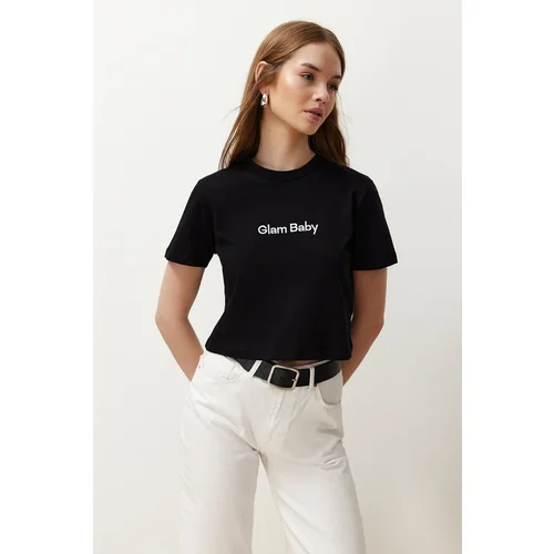 Trendyol Black 100% Cotton Slogan Printed Regular Crop Knitted T-Shirt