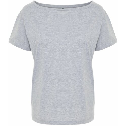 Trendyol Gray Melange Cotton Boyfriend/Wide Cut Boat Neck Knitted T-Shirt Cene