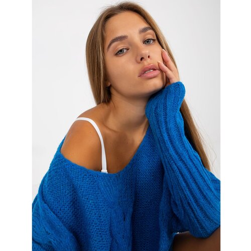 Fashion Hunters Dark blue sweater with braids and a V-neck OCH BELLA Slike