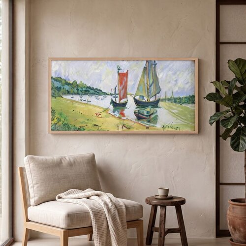 Wallxpert uramljena MDF slika ARTSNTMDL2, jedrilice na reci uz zelenu obalu, 33 x 70 cm Slike