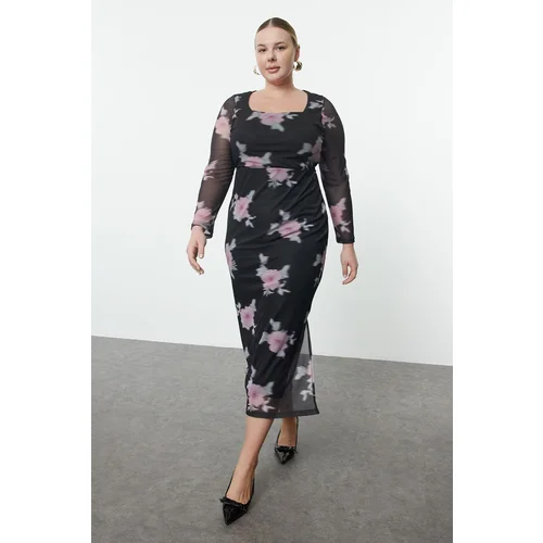 Trendyol Curve Black Tulle Floral Fitted Square Neck Long Sleeve Maxi Flexible Knitted Pencil Dress