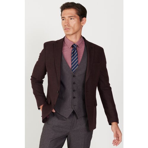 ALTINYILDIZ CLASSICS Men's Burgundy-Grey Slim Fit Slim Fit Mono Collar Patterned Vest Suit Slike