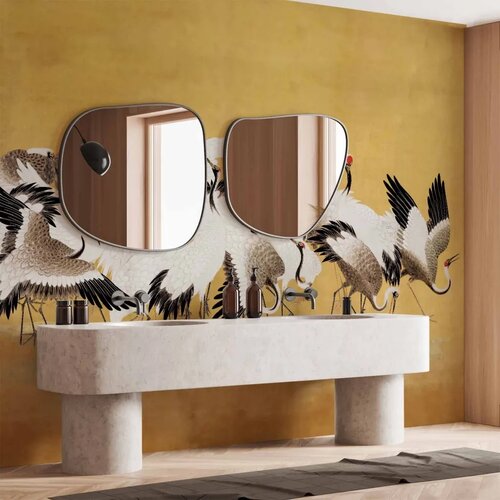  Foto tapeta - Japanese cranes - a flock of birds against a golden background based on a painting by Ishida Yūtei 450x315 Cene