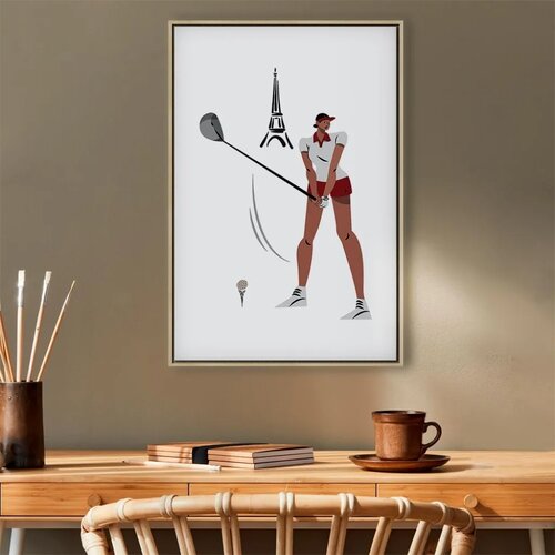  Slika - Female Golfer With the Eiffel Tower in the Background - Illustration 40x60 U prirodnom drvenom okviru Slike