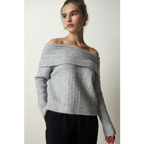 Happiness İstanbul Women's Gray Madonna Collar Knitwear Sweater Slike
