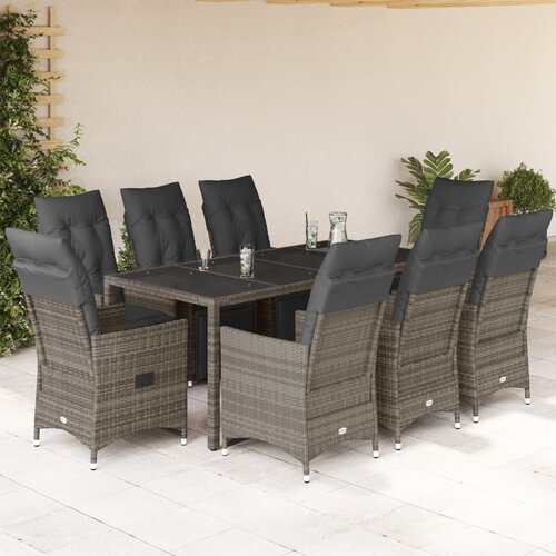  9-dijelni vrtni bistro set od poliratana s jastucima sivi Siva 190 x 90 x 75 cm Cijene