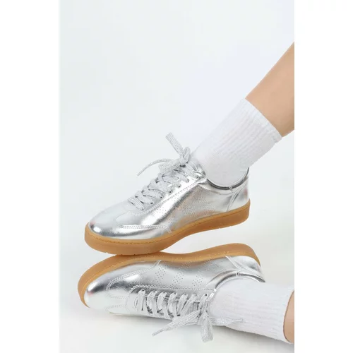 Shoeberry Women's Campues Silver Metallic Flat Sneakers