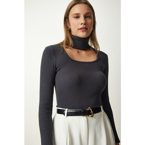 Happiness İstanbul Women's Anthracite Cut Out Detailed Turtleneck Ribbed Knitted Blouse Slike