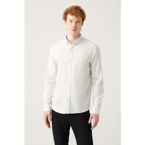 Avva Men's Gray Button Collar Comfort Fit Relaxed Cut 100% Cotton Linen Textured Shirt Cene