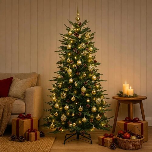  Umjetno božićno drvce s nogom 150 cm 150 LED lampica - Zelena 150 cm s LED žaruljama i zlatnim kuglicama Cene