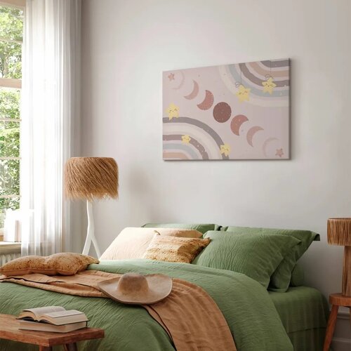  Slika - Joyful Sky - Yellow Cheerful Stars with a Rainbow Against the Phases of the Moon in a Light Beige Sky Hue 90x60 Na talij Slike
