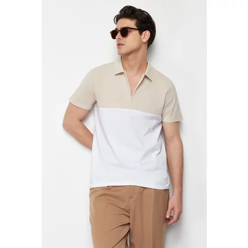 Trendyol Stone Men's Color Block Slim Fit Zippered 100% Cotton Polo Neck T-shirt