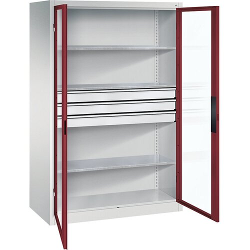 C+P Omara s krilnimi vrati z akrilnim steklom, VxŠxG 1950 x 1200 x 600 mm, 3 police, 3 predali, svetlo sive / rubinasto rdeče barve Cene