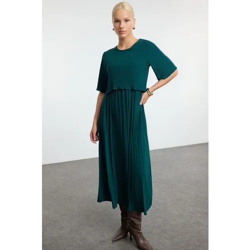 Trendyol Emerald Green Pleated Skater Midi Crew Neck Stretchy Knitted Dress